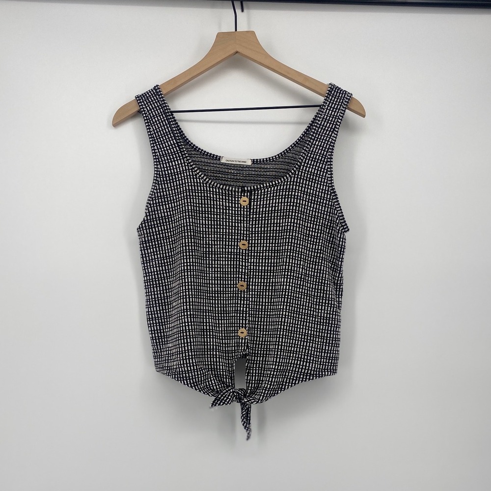 Caution to the Wind Tank Top Grid Print Button Front Tie Hem Womens Black White